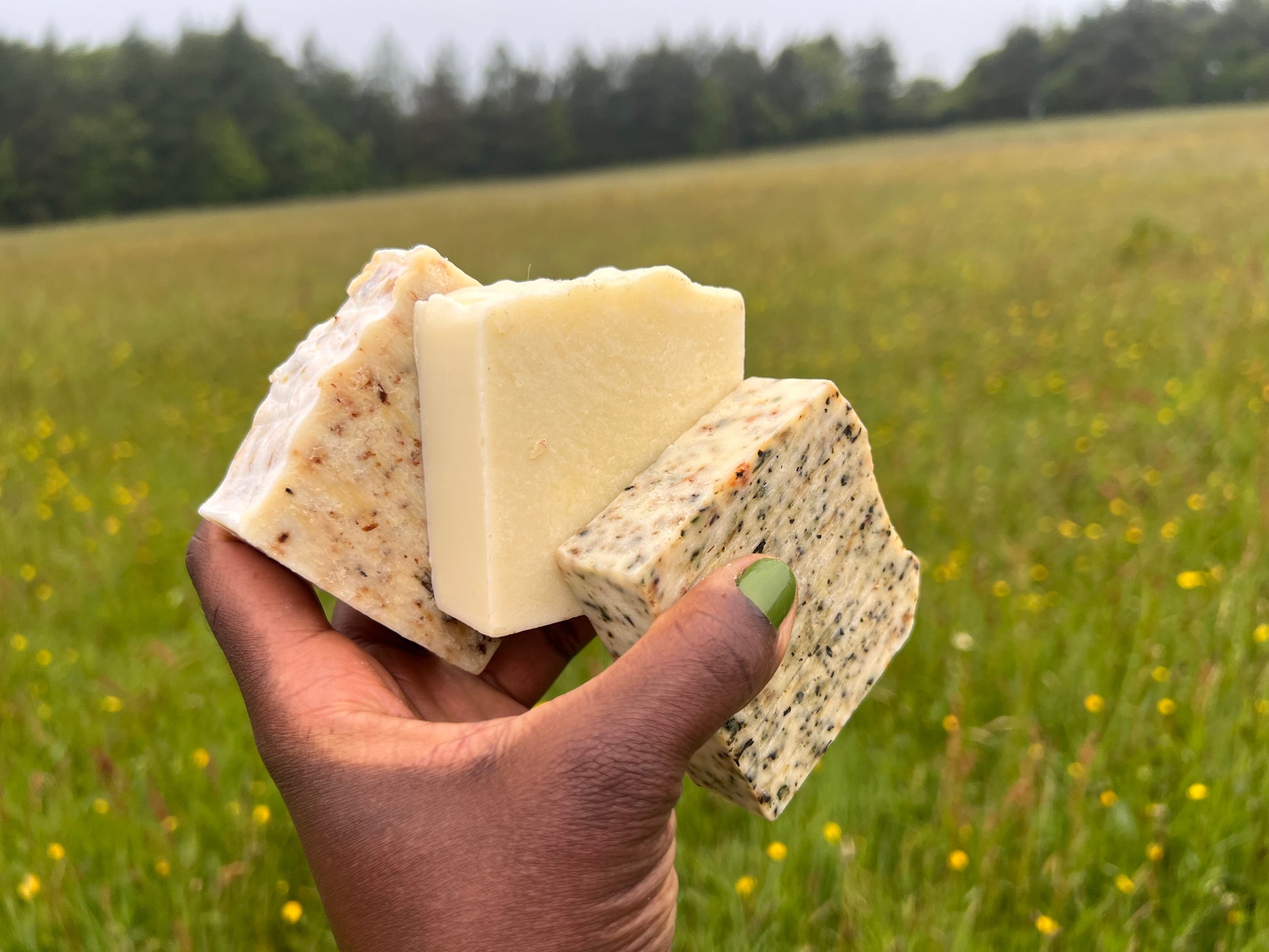 Hand holding three types of soap against a natural background with greenery